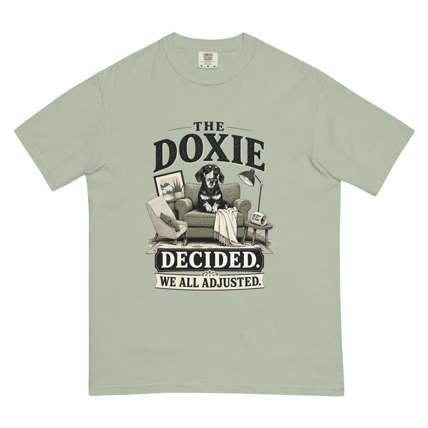 The Doxie Decided We All Adjusted dachshund T-shirt in Bay